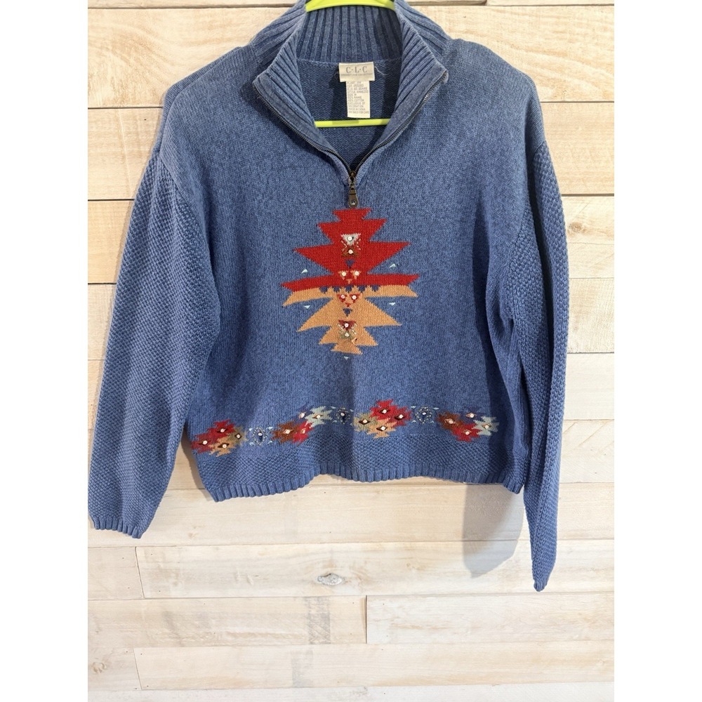 VTG Cricket Lane Collection Aztec  1/4 Zip Blue Sweater  Cotton Blend Size Med.
